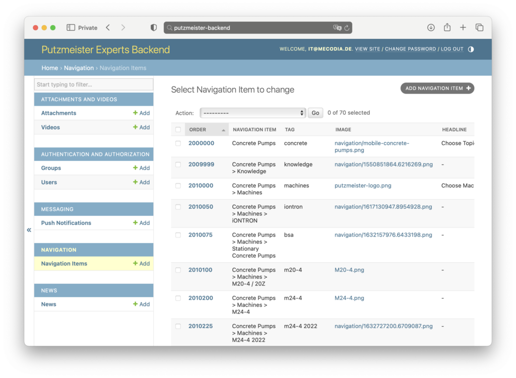 Backend-Ansicht von Putzmeister Experts