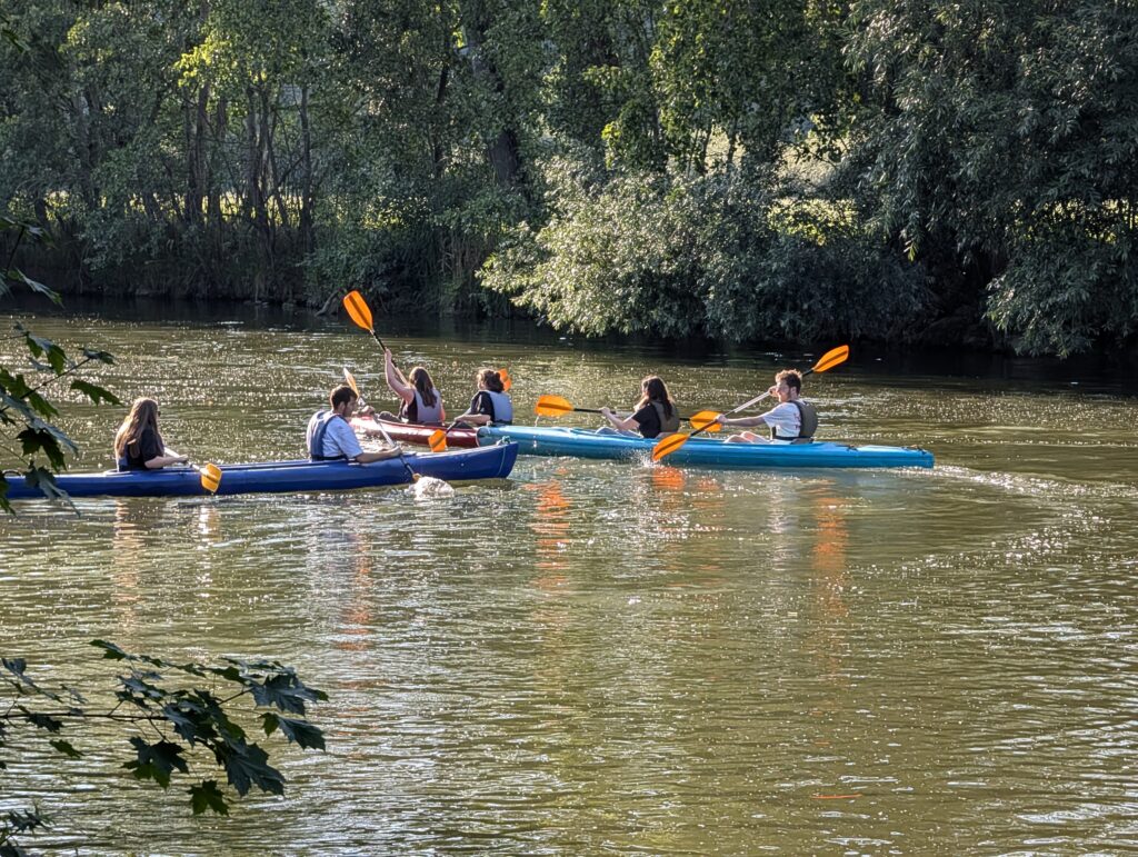 6 Personen fahren mit dem Kajak auf dem Fluss