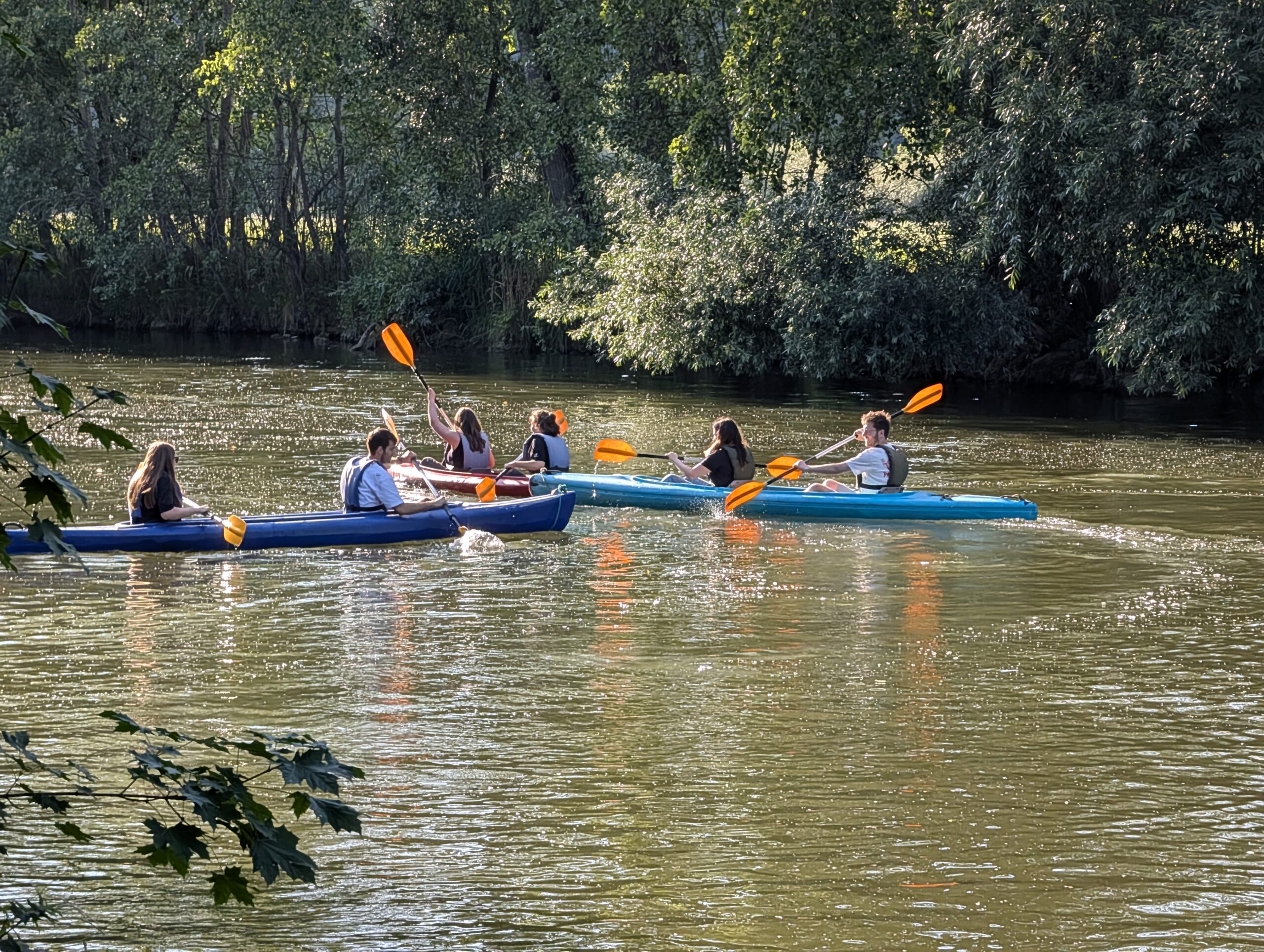 6 Personen fahren mit dem Kajak auf dem Fluss